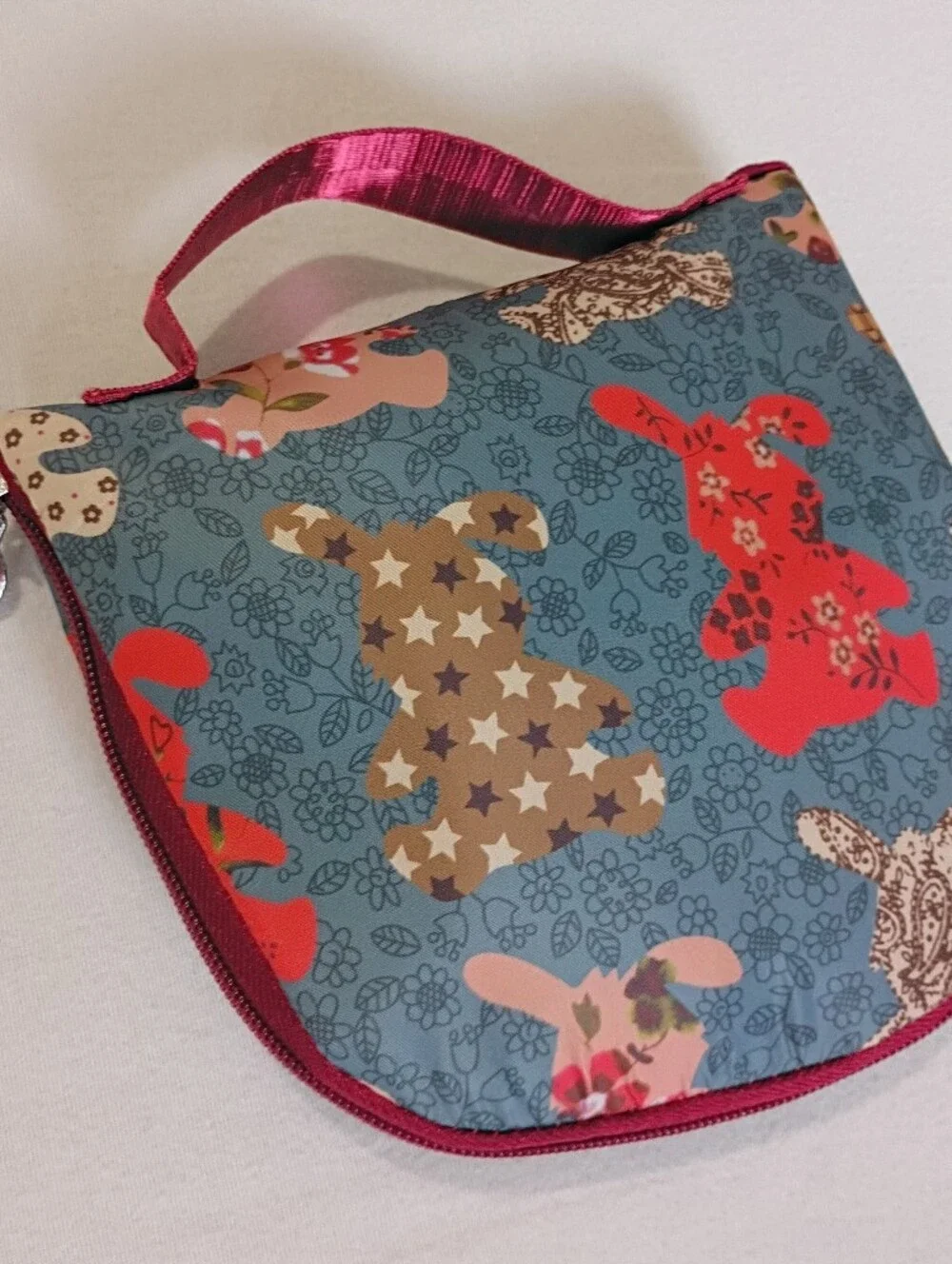 Foldable Drawstring Backpack Floral Bunny Patchwork Pattern Pocket On Front